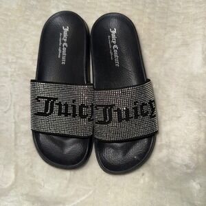 Juicy Couture Black Slides Rhinestone Logo Womens Size 6 Sandals